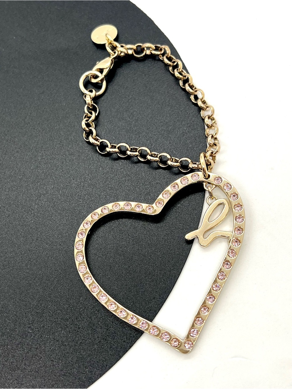 agnès b. Gold Heart Pink Crystal Bag Charm Keychain Signature b Logo